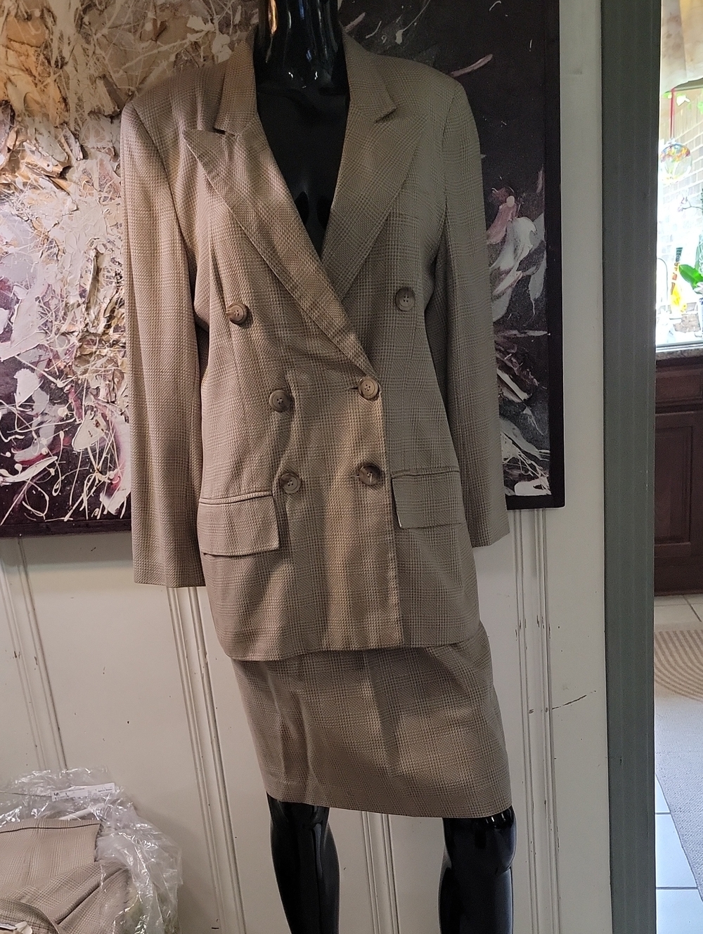 Oleg CassiniWomen's Double-Breasted Tan Plaid Blazer/Skirt/Pants Set Size 8